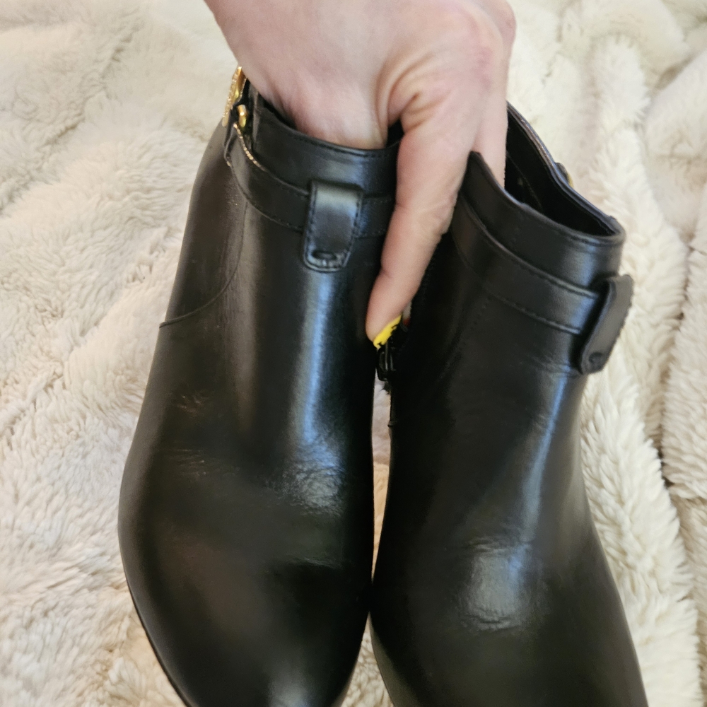 Coach Black Leather Ankle Boots with Gold Accents - Picture 4 of 8